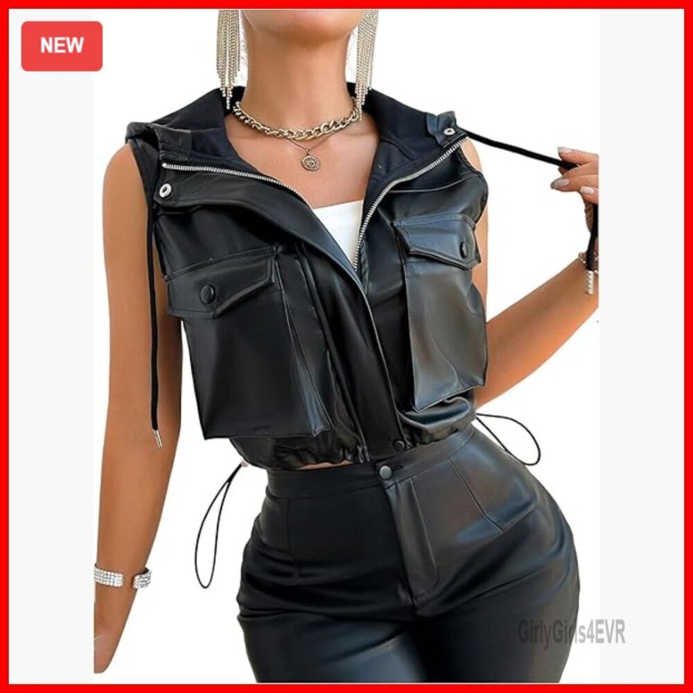 PU Leather Cropped Vest with Hood and Pockets, Sleeveless Zip-Up